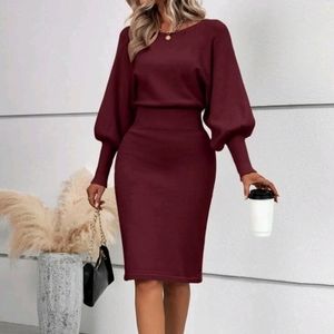 New Chic High Waist Lantern Sleeve Knit Sweater Dress Burgundy